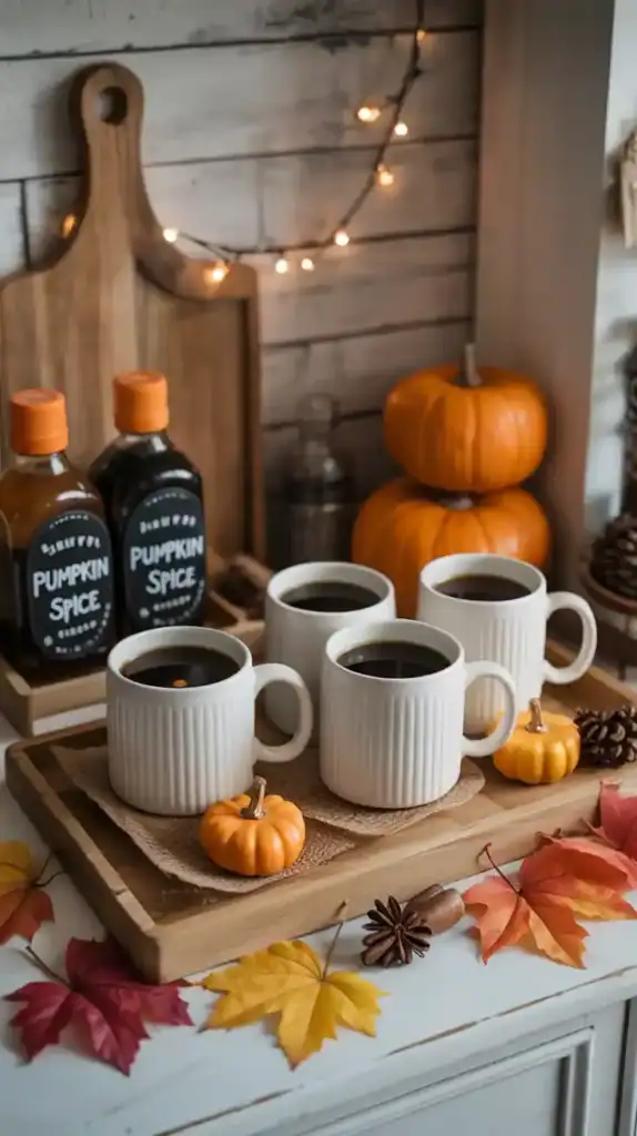 Autumn coffee bar with pumpkin spice setup and cozy mugs