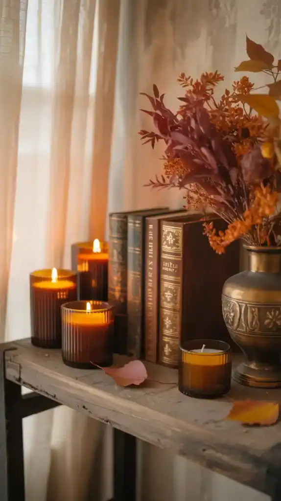 Autumn display with amber candles and dried flowers creating cozy scent zones