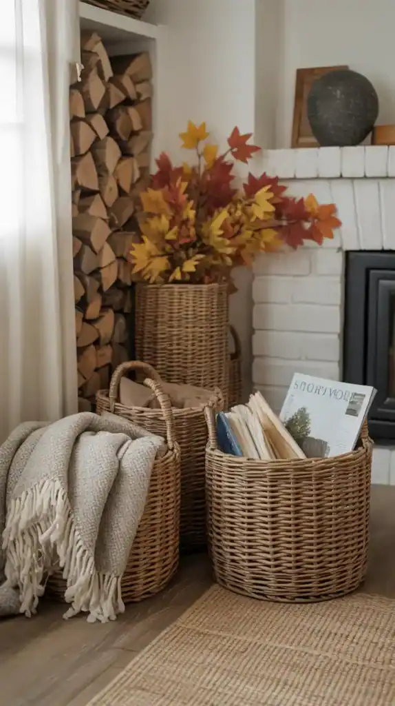 Cozy fall corner with woven storage baskets and soft blankets