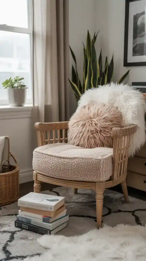 Reading nook with faux fur throw and sherpa textures for cozy fall vibes