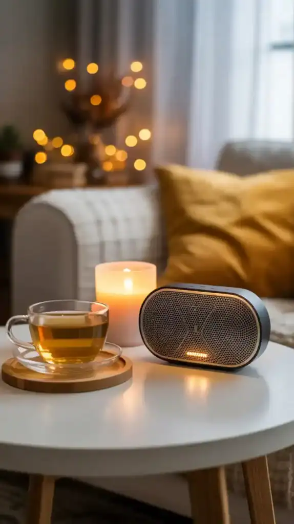 Autumn cozy scene with candlelight, tea, and music for relaxing fall ambiance