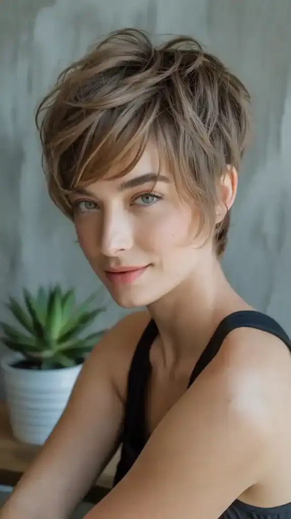 A layered pixie cut styled with a soft, tousled texture