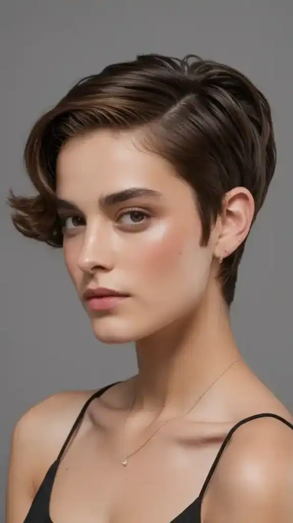 A smooth pixie with a deep side part and softly curled ends
