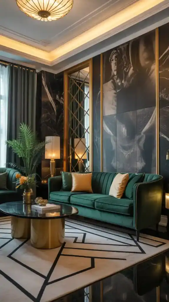 Emerald green velvet sofa in an Art Deco living room with gold accents and geometric rug.