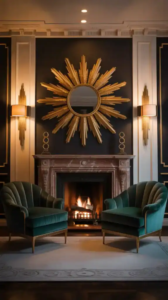 Gold sunburst mirror above marble fireplace in a sophisticated Art Deco living room