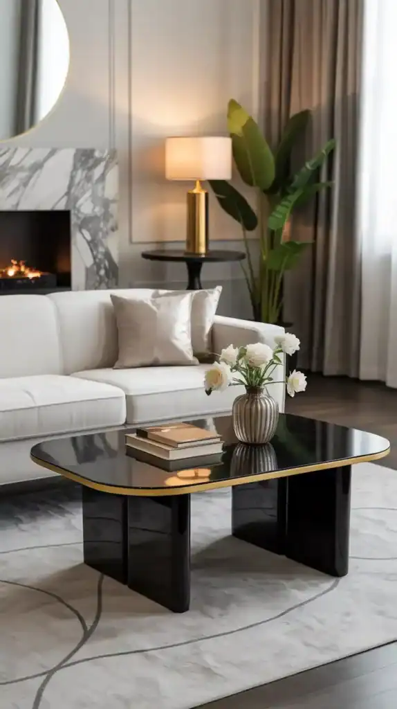 Black lacquer coffee table with gold trim in a contemporary Art Deco living room
