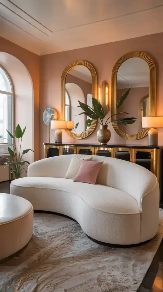 Curved cream bouclé sofa softening angular design elements in an Art Deco living room