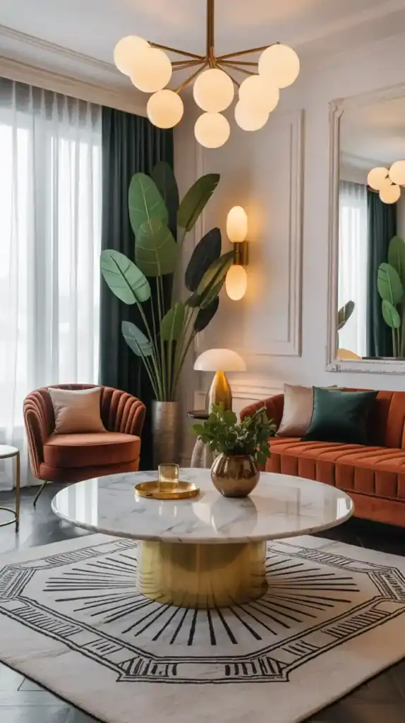 White marble coffee table with brass base in a stylish Art Deco living room
