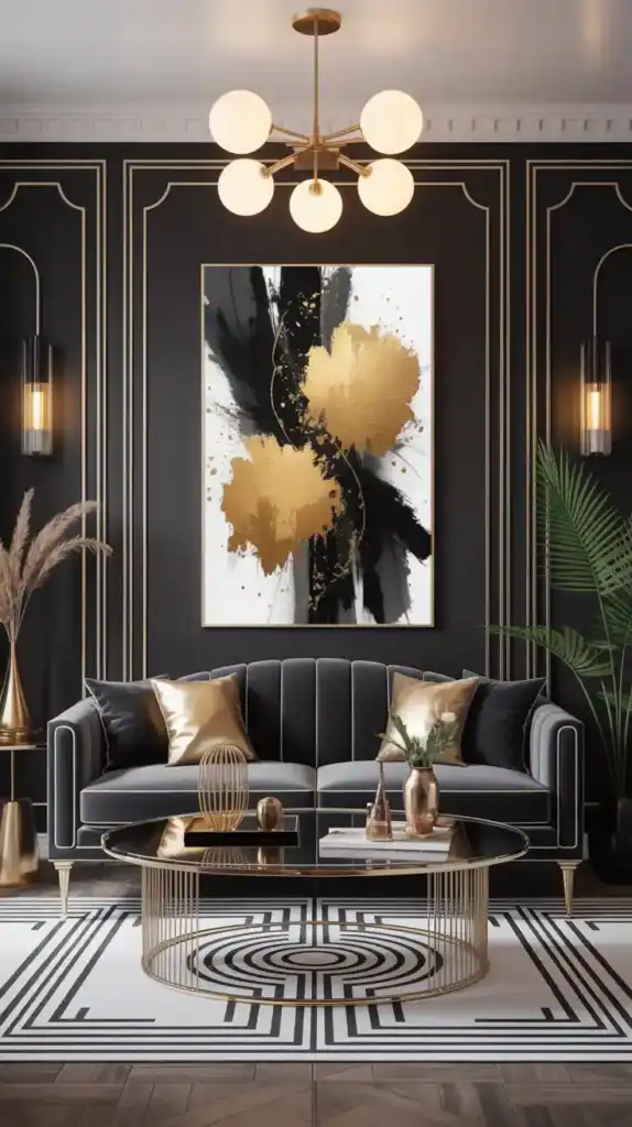 Black and gold abstract artwork creating a focal point in an Art Deco-inspired living room