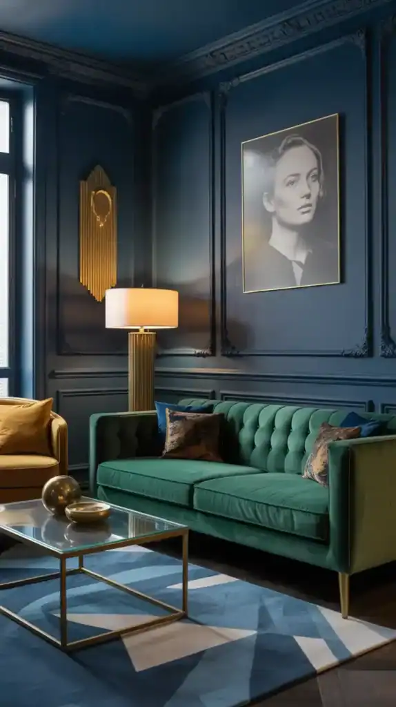 Deep navy and emerald color palette in an Art Deco living room with gold detailing