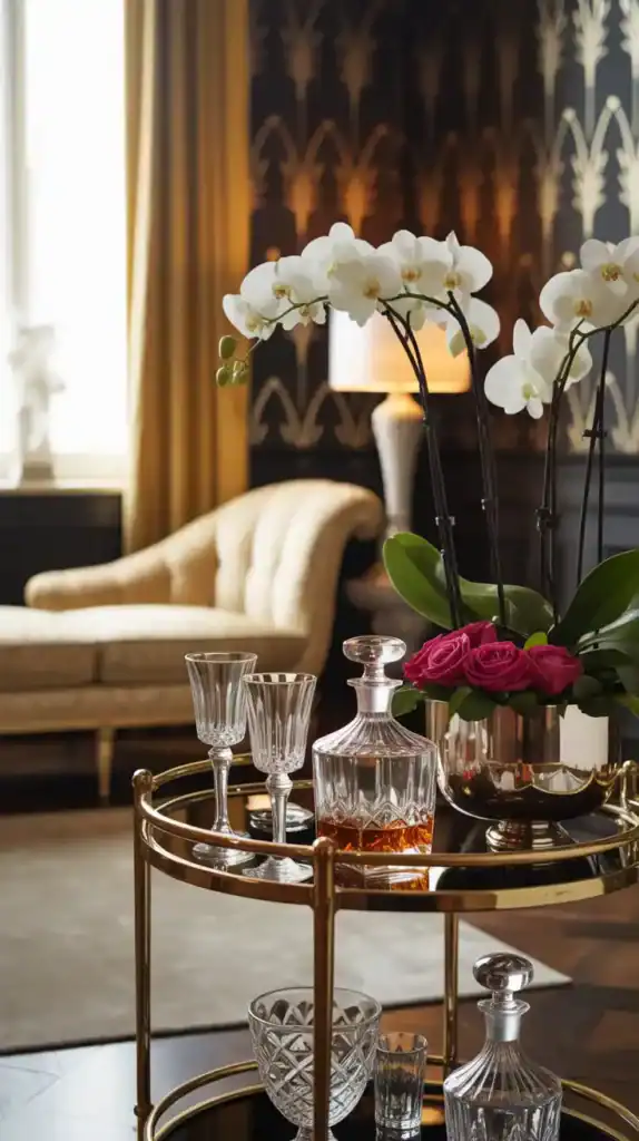 Gold Art Deco bar cart styled with crystal glassware and floral accents