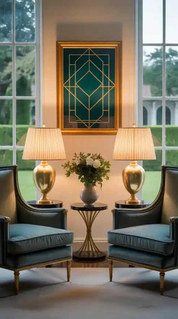 Symmetrical furniture layout creating harmony in an Art Deco-inspired living room