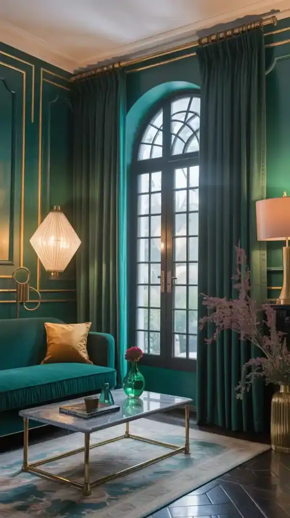 Emerald green velvet curtains adding drama to a luxurious Art Deco living room