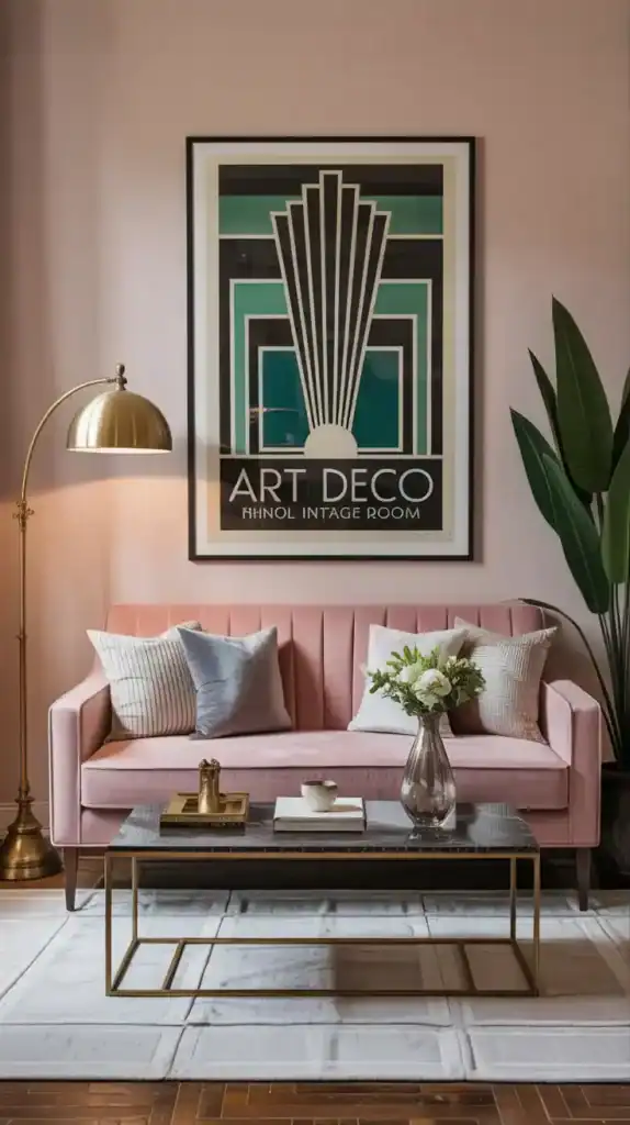 Art Deco living room mixing vintage and modern pieces for a timeless, elegant look