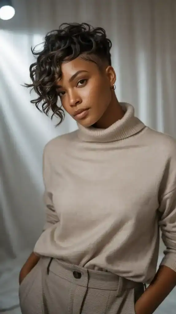 Black woman wearing a tousled textured pixie cut styled in soft, voluminous curls