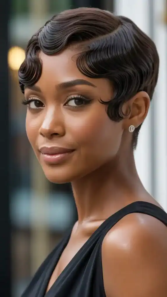 Black woman with a finger wave pixie cut styled in sleek, sculpted vintage waves