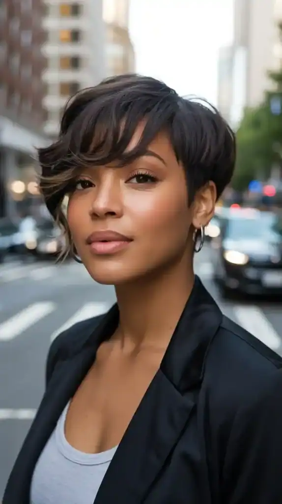 Black woman with chic pixie haircut and side-swept bangs framing her face