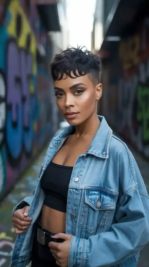 Black woman with pixie hairstyle featuring ultra-short micro bangs