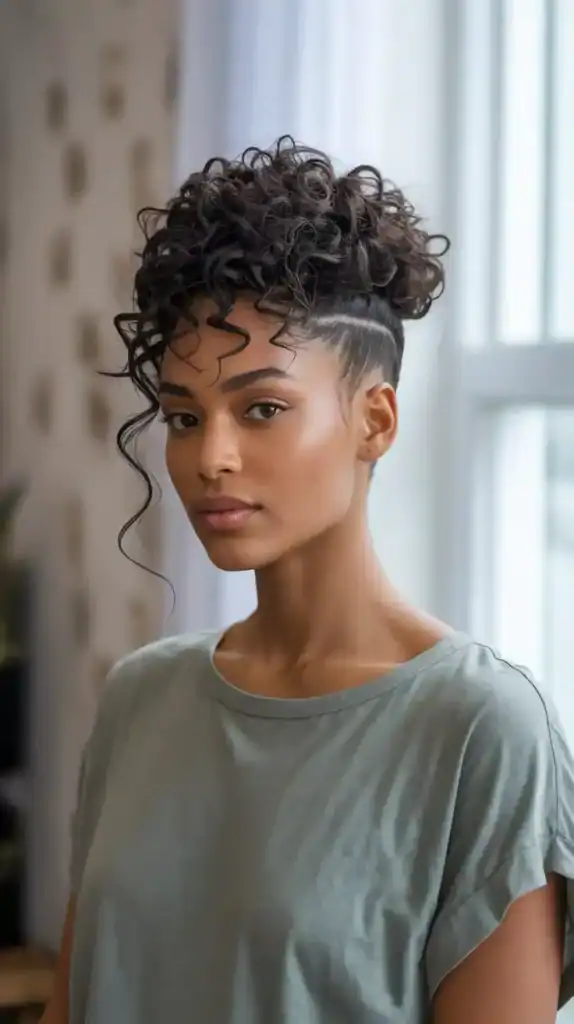Black woman with curly top fade haircut showing tight curls and clean fade