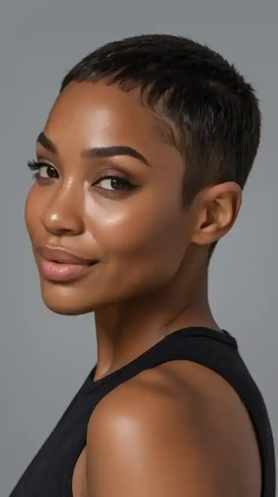 Black woman with sculpted pixie cut featuring defined edges and precision styling