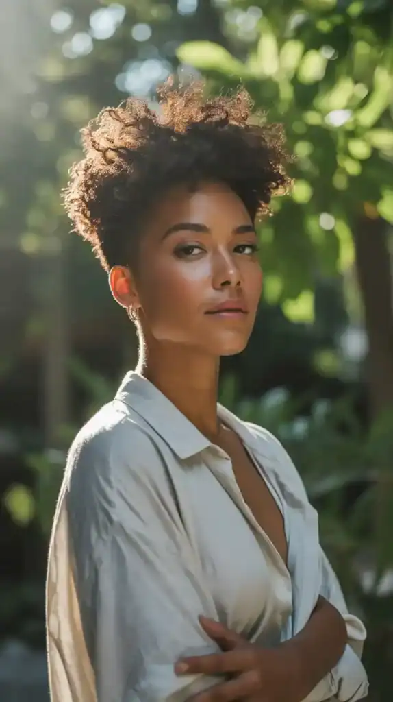 Black woman with afro pixie cut highlighting her natural curls and volume
