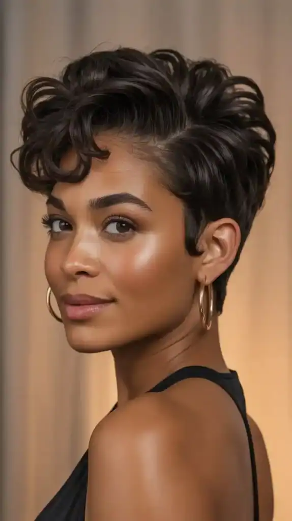 Black woman with voluminous pixie hairstyle and tapered back, radiating confidence