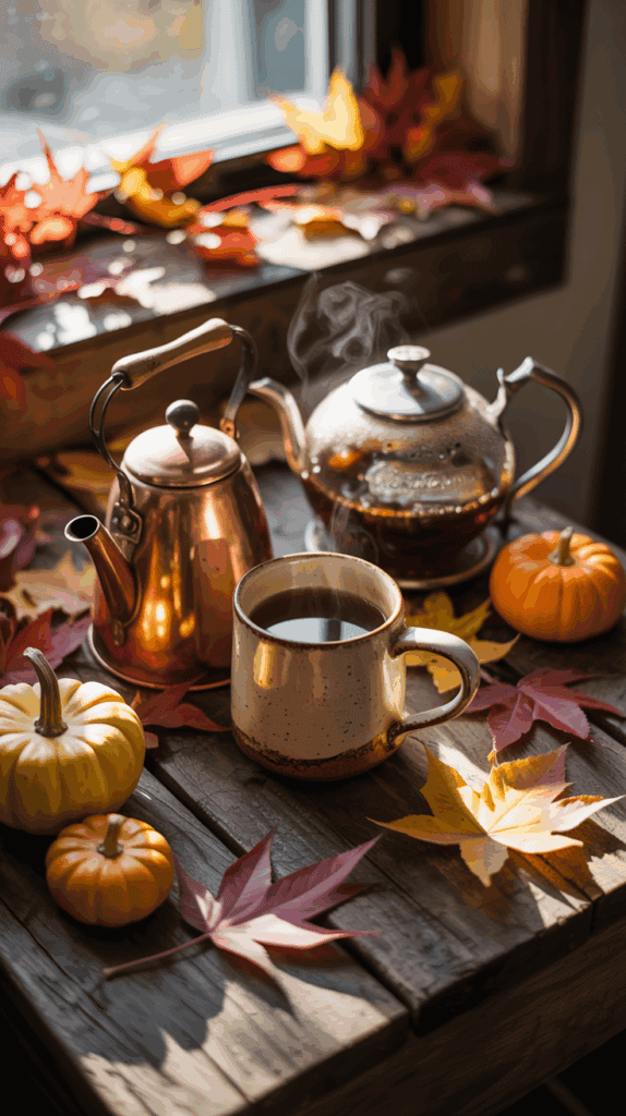 A cozy tea and coffee station with pumpkins and autumn leaves