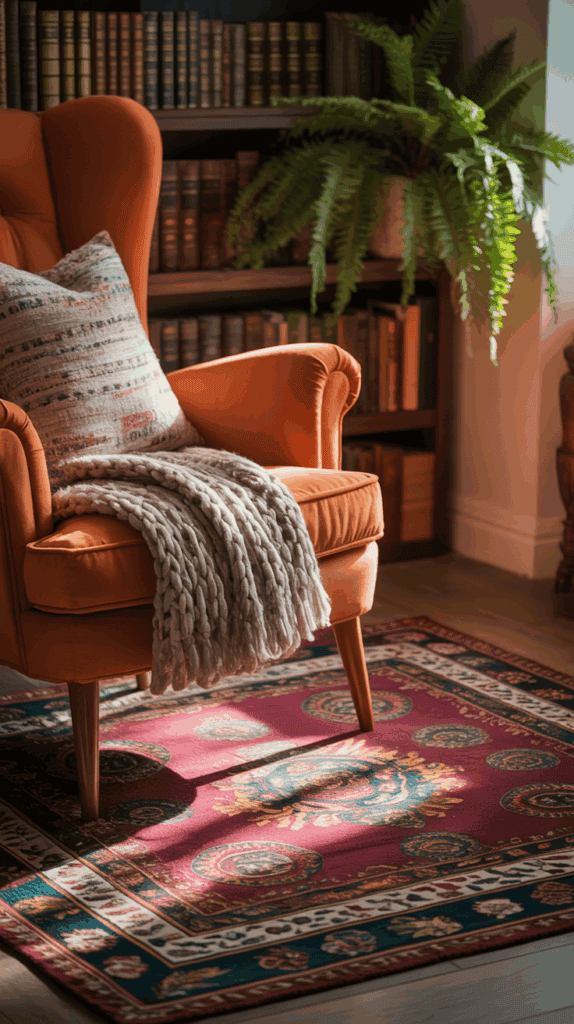 Cozy living room corner with warm colors, featuring an orange armchair, colorful rug, and decorative elements
