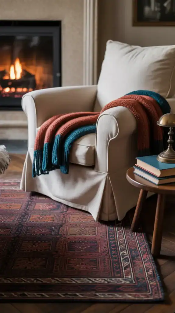 A cozy living room corner featuring a textured rug, a comfortable chair, and warm decor