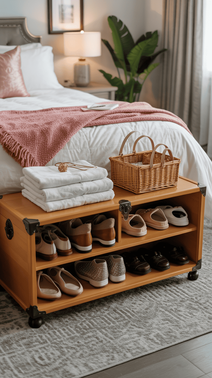 A storage trunk at the foot of a bed filled with neatly arranged shoes and towels
