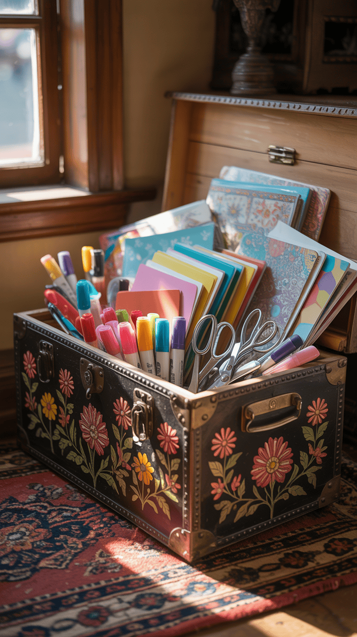 A storage trunk filled with colorful craft supplies like paper, scissors, and markers