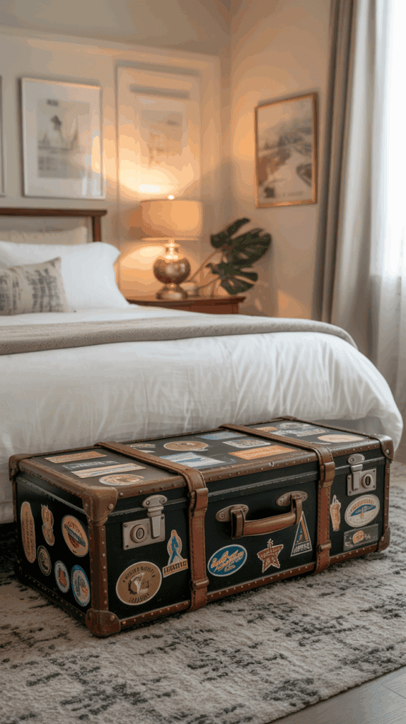 A vintage suitcase styled as a storage bench at the foot of a bed with travel stickers