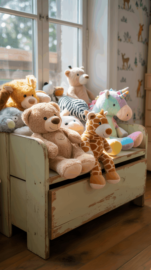 A wooden storage bench filled with colorful stuffed animals in a child's room
