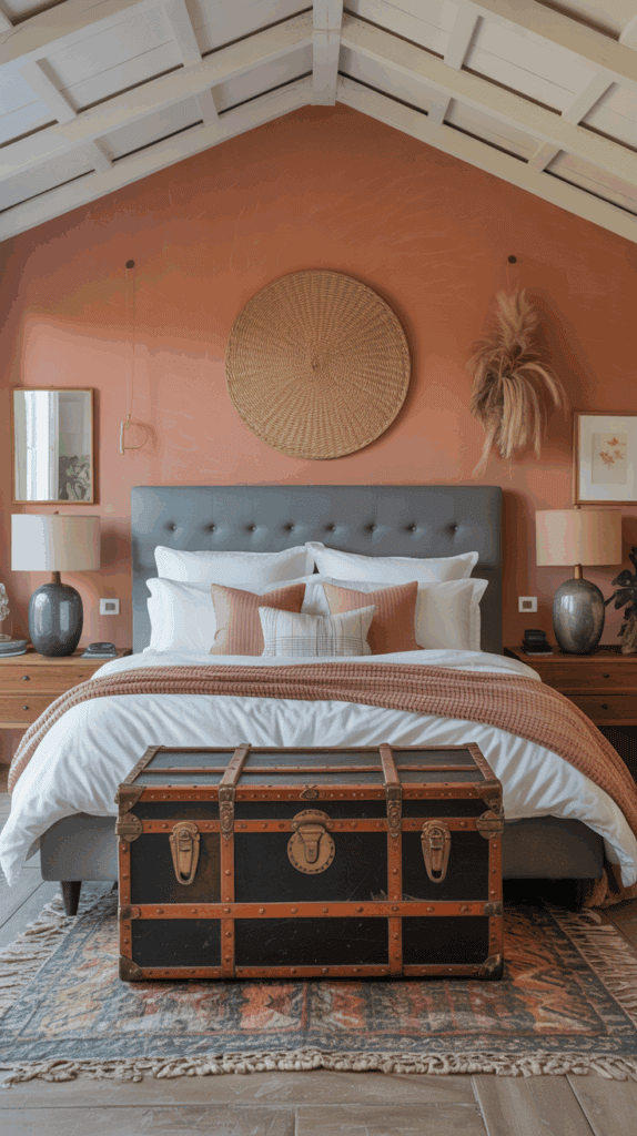 A stylish bedroom featuring a trunk at the foot of the bed with coordinated colors in the decor
