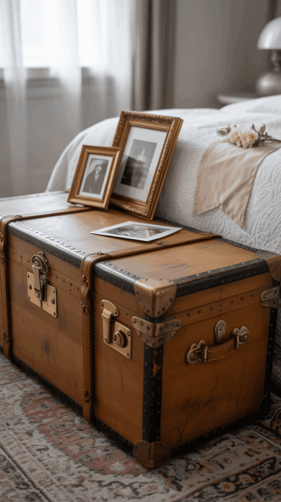 A trunk at the foot of a bed decorated with framed photos and personal details