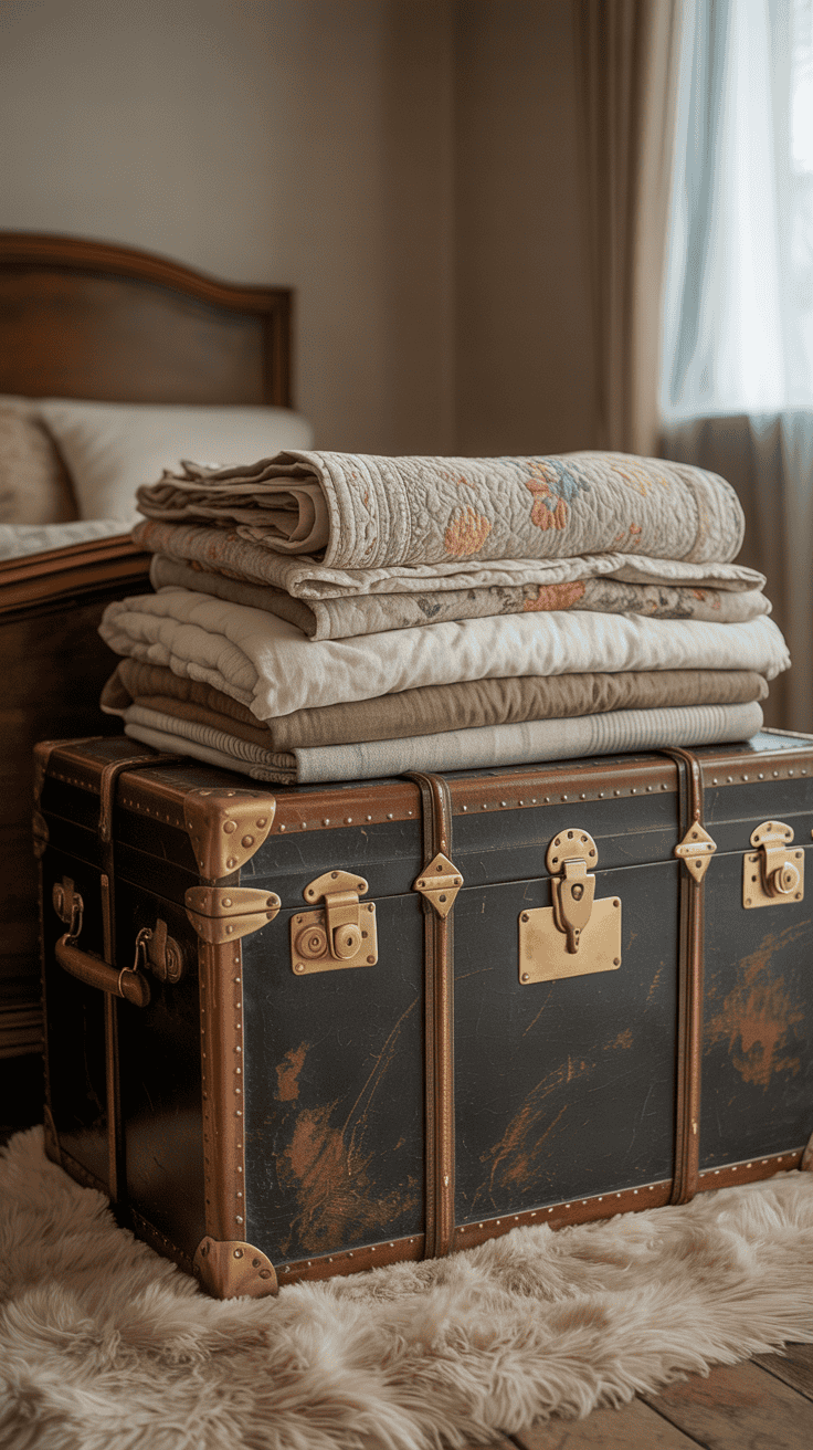 A neatly arranged trunk at the foot of a bed with stacked blankets