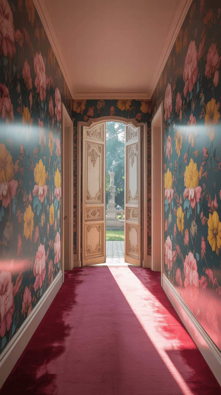 A hallway with vibrant floral wallpaper and a rich red carpet.