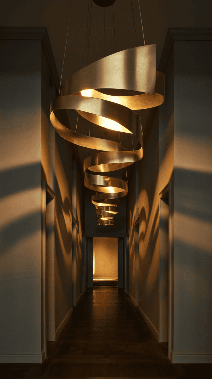 A sculptural lighting fixture hanging in a hallway, casting shadows on the wall