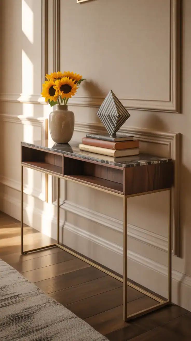 A stylish accent console table with decorative items in a hallway