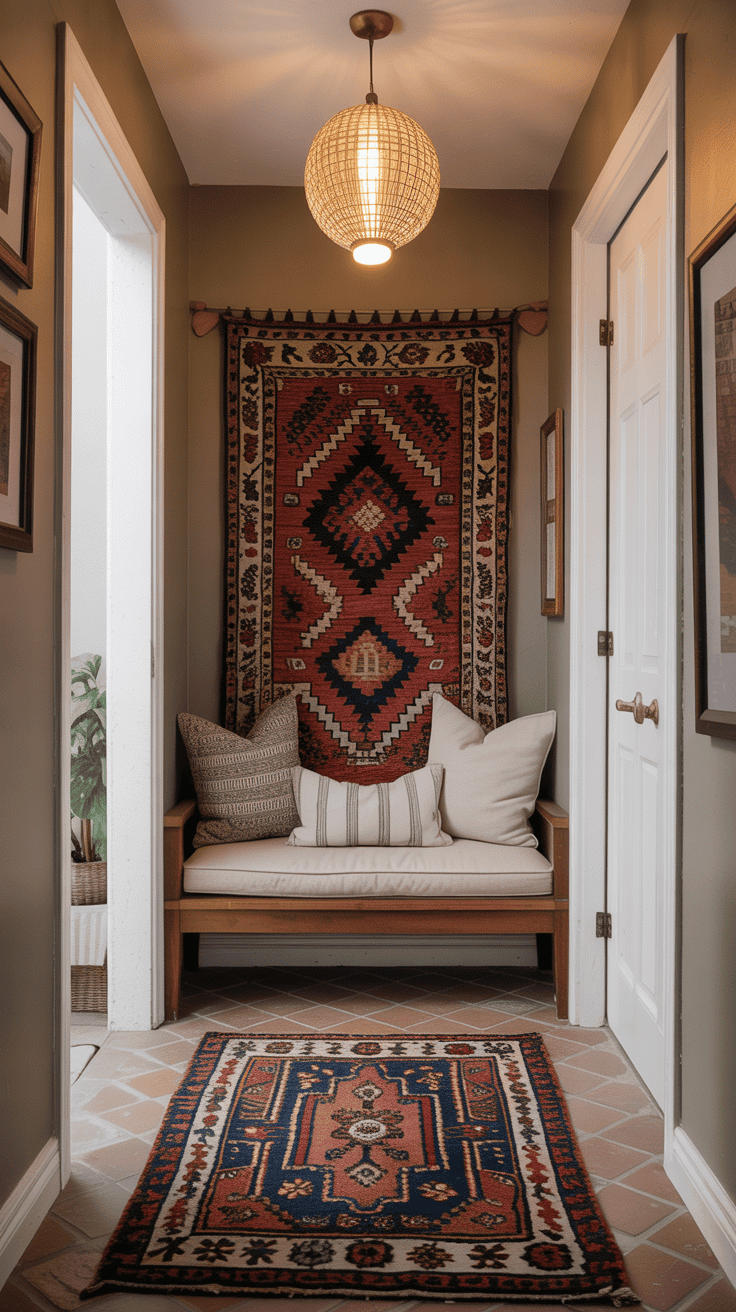 A cozy hallway featuring a bench with pillows and a decorative rug