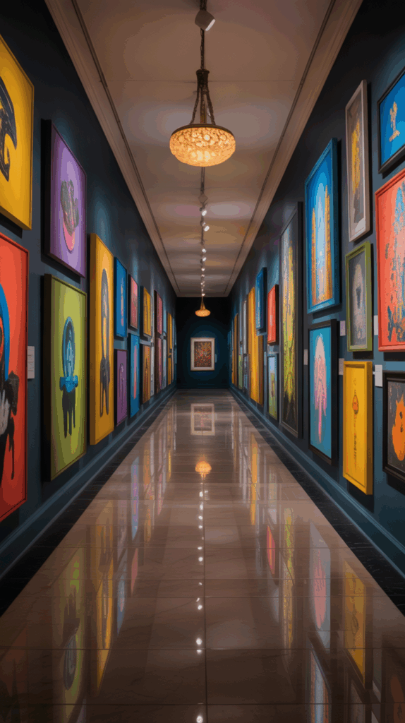 A dark hallway adorned with colorful artwork on the walls, illuminated by bright ceiling lights