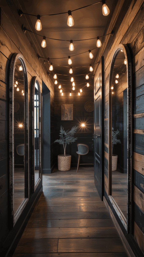 A small dark hallway with mirrors reflecting light, creating an illusion of space