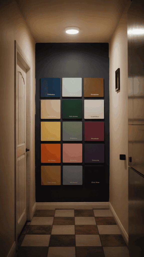 A dark hallway with various color swatches below it.