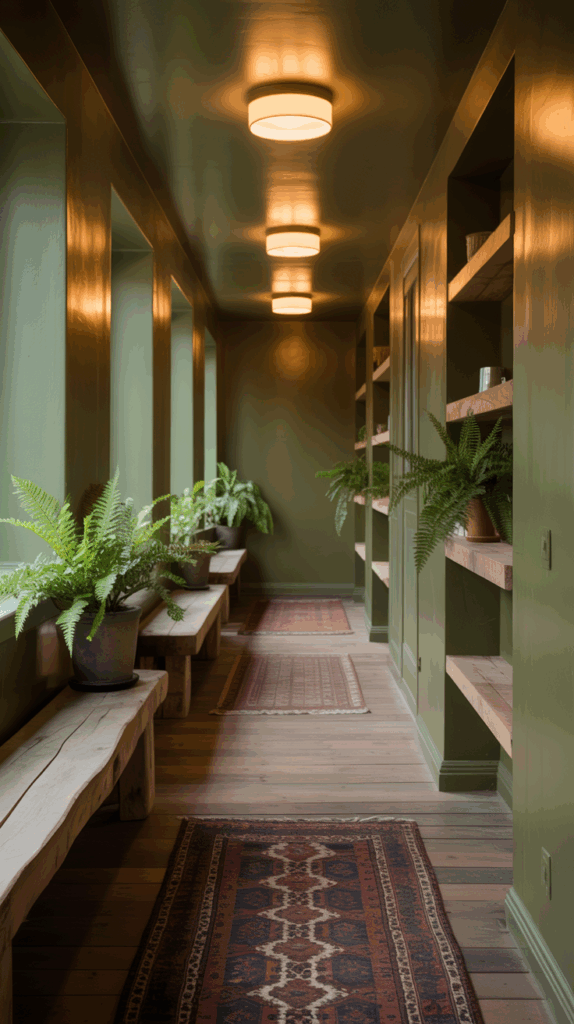 A dark hallway with wooden benches and shelves, illuminated by overhead lights.
