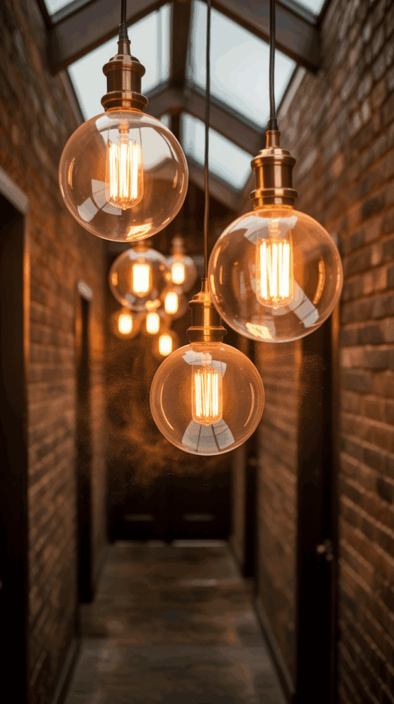 A collection of various hanging lights illuminating a dark hallway.
