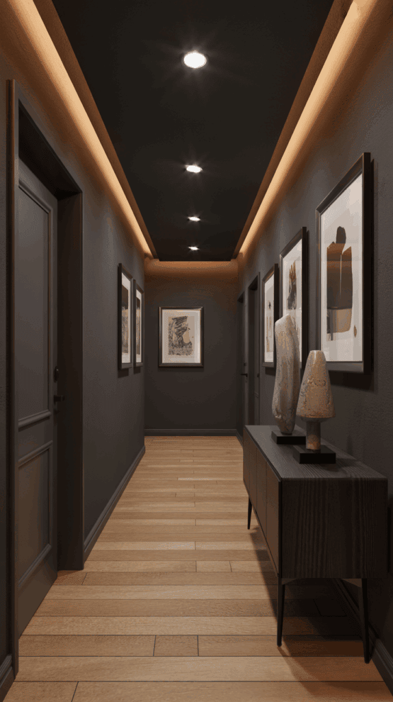 A dimly lit hallway with recessed lights illuminating the space.