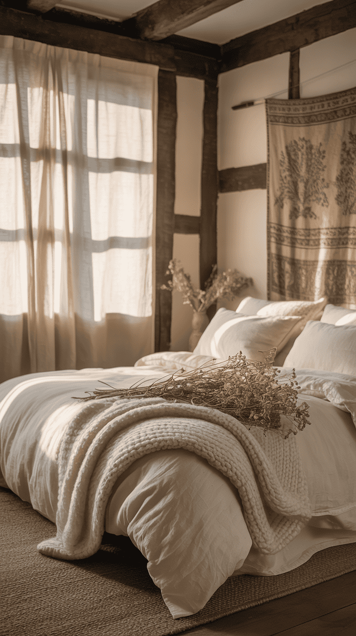 A cozy cottage core bedroom featuring rustic wooden beams and soft bedding