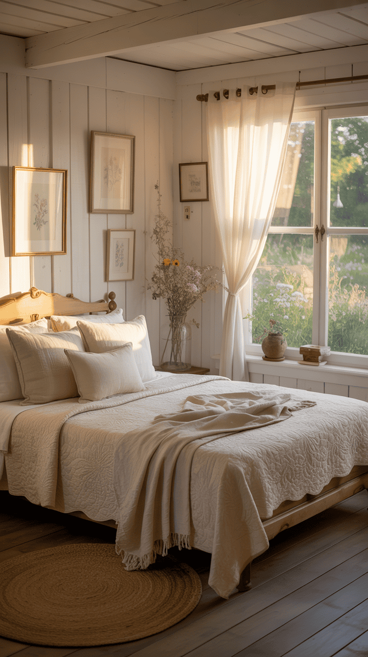 A cozy cottage core bedroom with nature-inspired decor featuring floral artwork and soft bedding.