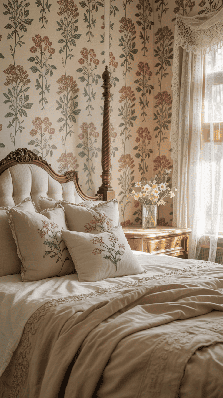 A cozy bedroom featuring floral wallpaper with pink and green patterns