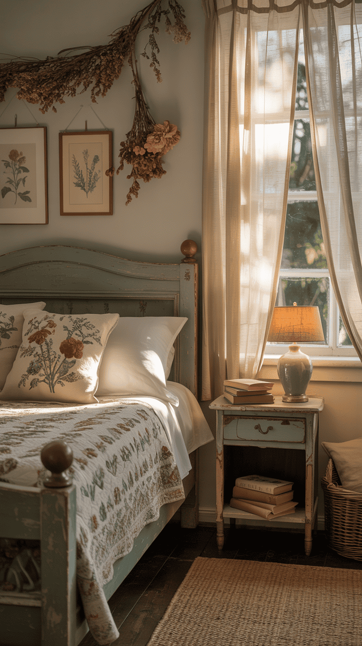 A cozy cottagecore bedroom featuring antique furniture, including a wooden bed and vintage nightstand, with soft curtains and warm lighting